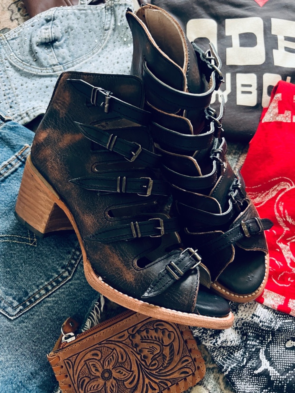 freebird Distressed Black with Tan Stacked Heel Buckle Cutout Ankle Booties